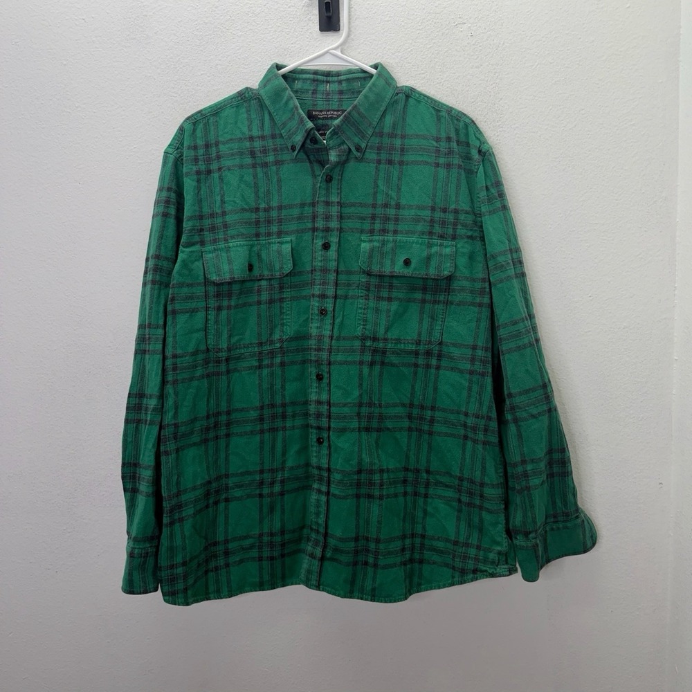 Banana Republic Men's Untucked Flannel Plaid Shirt Green Black XL Fall Button Up